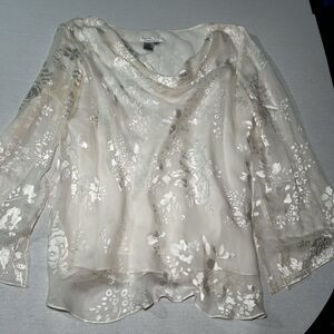 Adrianna Papell 1x silk blend blouse sheer, floral burnout fabric, coastal